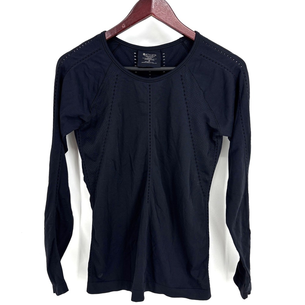 Athleta Black Perforated Long Sleeve Athletic Top size Medium Stretch